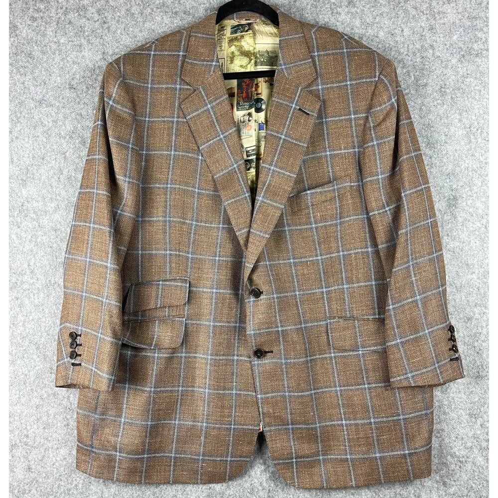 Lombardo Blazer Jacket Mens 52R Windowpane Linen Blend Woven 2 Button Custom